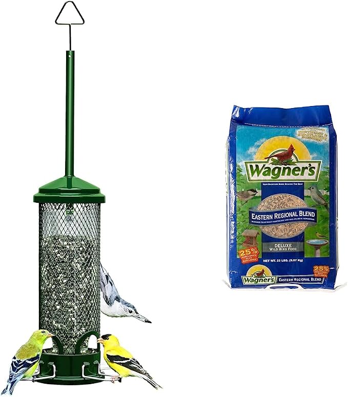 Squirrel Buster Mini Squirrel-Proof Bird Feeder w/4 Metal Perches, 0.98-Pound Seed Capacity & Wagner's 62004 Eastern Regional Wild Bird Food, 20-Pound Bag