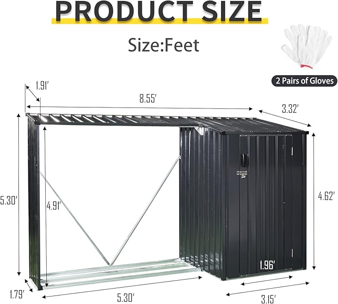 YOPTO 106.5" Outdoor Steel Firewood Rack Metal Storage Shed with Door and Reinforced Base,Multi-Functional 2 in 1 Waterproof Cabinet W/Roof,for Equipment Machines,Black