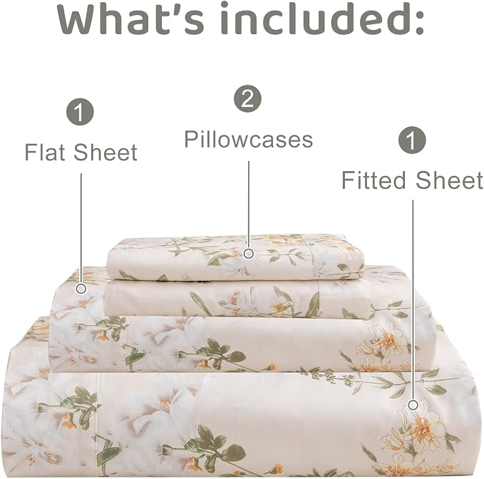 QSH Floral King Size Sheet Sets - 100% Egyptian Cotton Floral Bedding Sheets Yellow Green Leaves Flower Pattern Printed Bedding King Size Bed Sheets 17.5" Extra Deep Pocket 4pcs