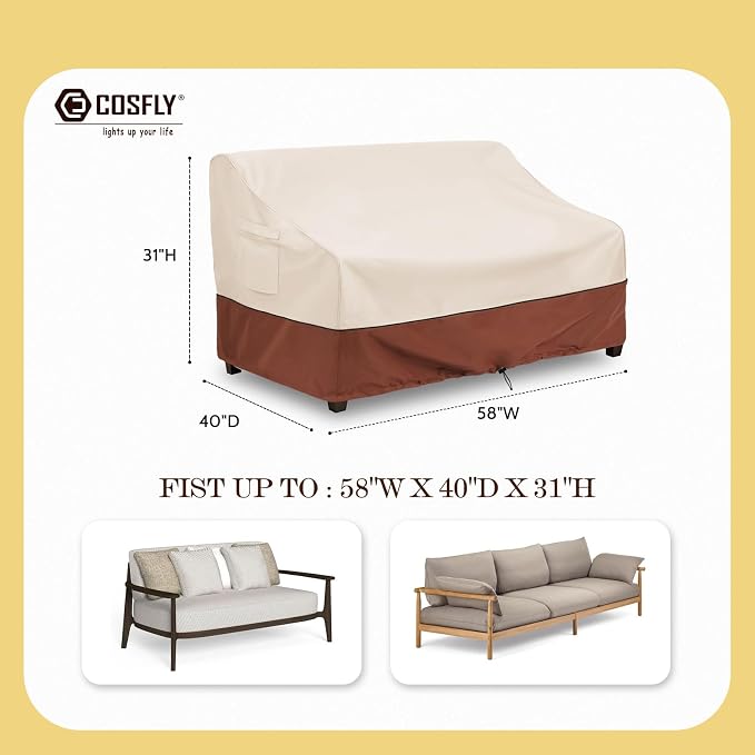 COSFLY Patio Furniture Covers Waterproof for Sofa, Outdoor Loveseat Covers Heavy Duty Fits up to 58W x 40D x 31H inches Brown