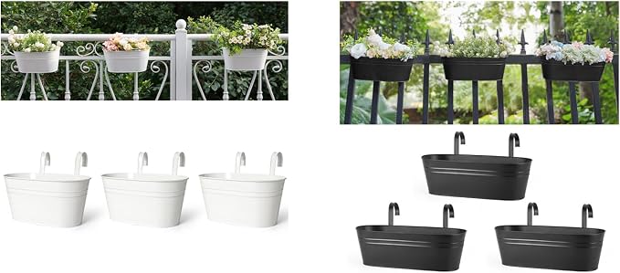 Dahey 3 Pcs 10.5 and 15.7 Inch Metal Iron Hanging Flower Pots for Railing Fence Hanging Bucket Pots Countryside Style Window Flower Plant Holder with Detachable Hooks for Garden Yard Home Decor