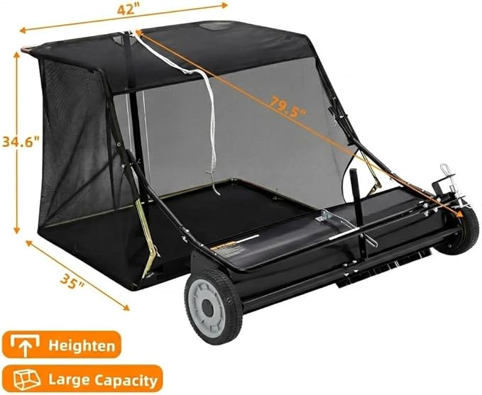 Garvee 42" Tow-Behind Lawn Sweeper – 24 cu.ft. Large-Capacity Pull-Behind Grass & Leaf Collector, Heavy-Duty Adjustable Height, Dumping Rope Design for Easy Debris Disposal, Fits Tractors & ATVs