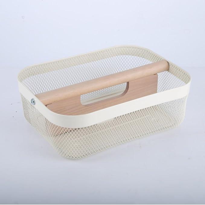 AJIODA Metal Mesh Steel Storage Basket, Garden Harvest Wire Organizer Basket Multi-functional Kitchen Fruit Basket with Wooden Removable Partition & Handle for Bath Picnic Decor Cabinet, Cream White