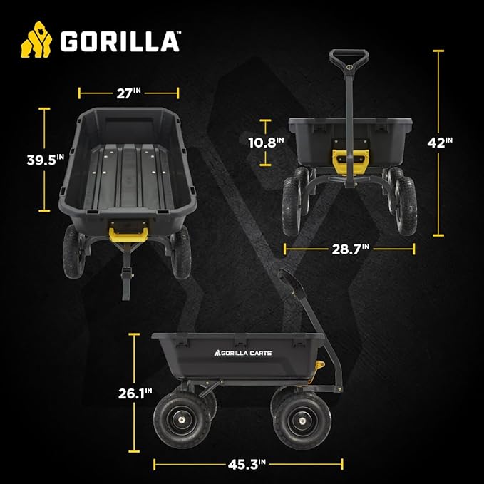 Gorilla Carts 7GCG-NF Heavy-Duty Poly Dump Garden Cart with No-Flat Tires, 7 Cubic Feet, 1200-Pound Capacity, Black, Amazon Exclusive