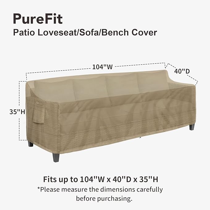 PureFit Outdoor Couch Cover Waterproof Patio Sofa Furniture Covers, 4-Seater Outdoor Cover with Air Vent and Handles, 104W x 40D x 35H Inches, Camel