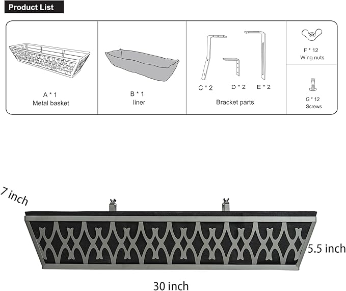 2 Pack 30 Inch Window Boxes Planters Railing Planter Box with Adjustable Brackets & Non-Woven Fabric Plant Grow Bags Deck Railing Planter Boxes Balcony Hanging Flower Box for Outdoor Plants