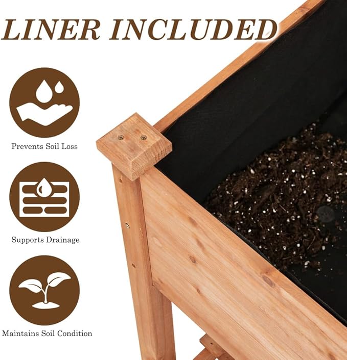 Raised Garden Bed with Lockable Wheels, 48x24x32 inch Elevated Wood Planter with Storage Shelf Protective Liner for Vegetable Flower Herb Outdoor Balcony Patio Backyard, Brown