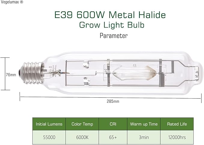 MH 600W Metal Halide Single Ended HID Grow Light Bulb Lamp High PAR Enhanced Blue and Violet Spectrums for Hydroponic Horticulture Vegetative Growth,CCT 6000K,55,000 Lumens,E39 Base