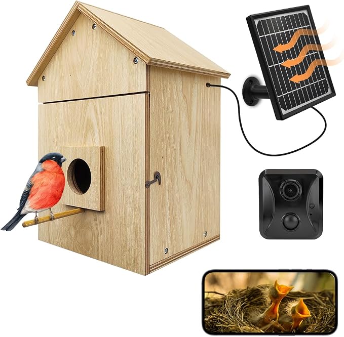 Bird House with WiFi Camera Solar Powered for Wireless Outdoors, HD View Nesting & Hatching, Box House for Bluebird Swallow Wren Chickadee, PIR Detection, SD Card & Cloud Storage, IR Night Vision IP65