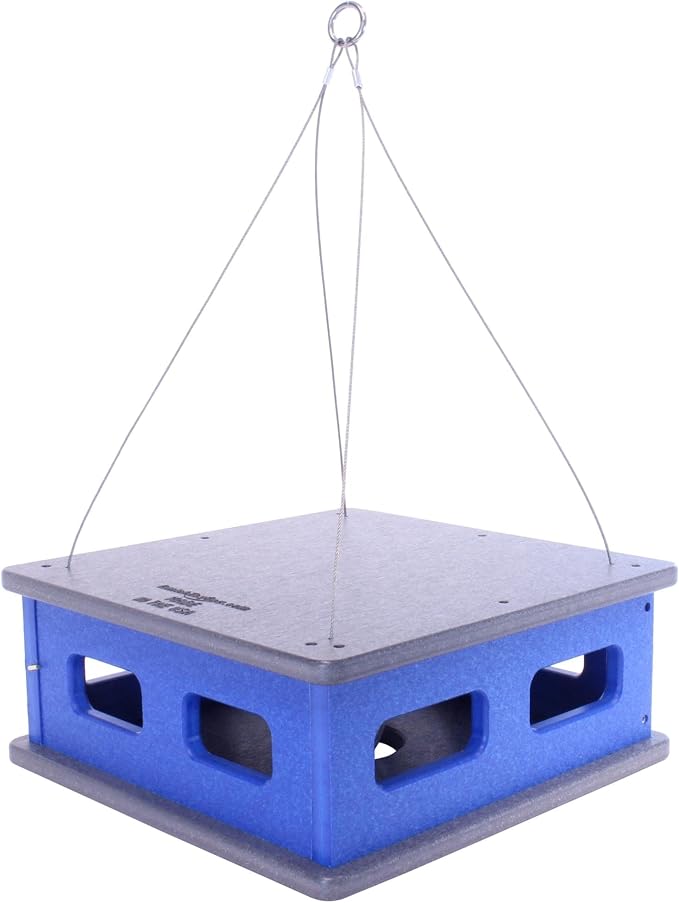 Bluebird Feeder - Hanging Block House Mealworm Feeder for Bluebirds - Amish-Made with Poly Lumber (Gray and Blue)