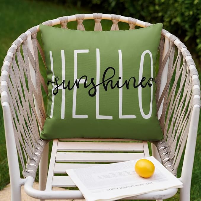 DFXSZ Outdoor Pillow Covers 18x18 Inch Set of 2 Hello Sunshine Decor Olive Green Waterproof Summer Outdoor Pillow Covers for Patio Furniture Garden Sofa Couch