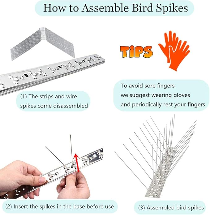 PANGCH Bird Spikes,Stainless Steel Bird Spikes Metal Bird Spikes Fence Spikes Easy to Install - 23 Strips 24.91 Feet Coverage