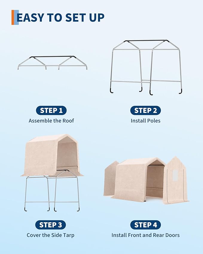 GarveeLife 6x6 ft Outdoor Portable Storage Shed with Roll-Up Door & Vent, 240G Heavy-Duty Shelter Waterproof PE Tarp, UV-Resistant Storage Sheds for Motorcycle, Firewood, Garden and Tools -Khaki