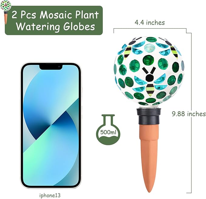 Terracotta Plant Watering Globes Mosaic Self Watering Spikes 2 Pack for Indoor Outdoor Plants Automatic Plant Waterer Plant Watering Devices for Garden Home Decor