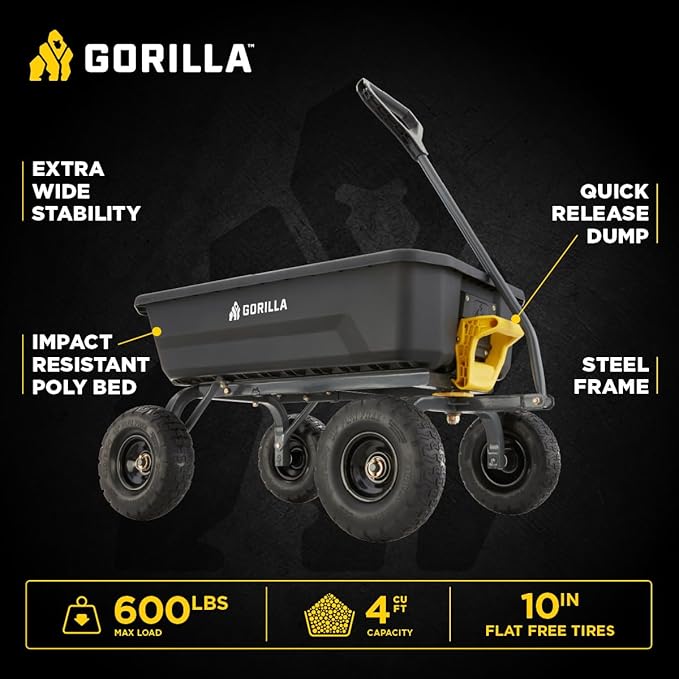Gorilla Carts Heavy-Duty Dump Cart, Patented Quick-Release Dumping, Steel Frame, 600 lb Capacity, No-Flat 10-Inch Tires, Utility Wagon for Garden, Yard, Beach