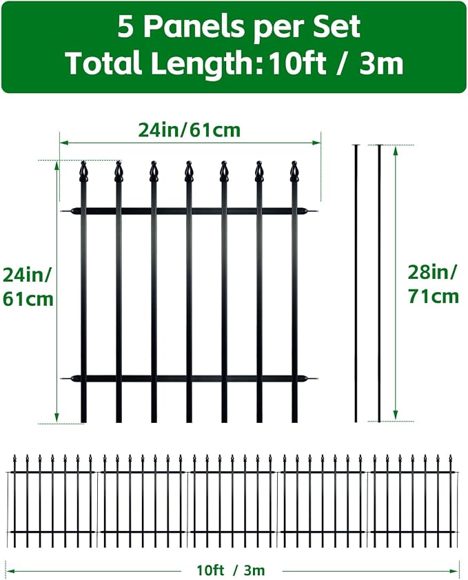 ARIFARO Metal Garden Fence 24" H x 24" W (5 Pack, Length 10 ft), No Digging Decorative Garden Border Fence, Rustproof Black Fence Panels for Flower Bed, Yard, Patio, Small Animal Barrier