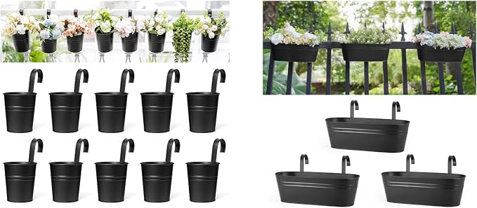 Dahey 15.7 and 4 Inch Metal Iron Hanging Flower Pots for Railing Fence Hanging Bucket Pots Countryside Style Window Flower Plant Holder with Detachable Hooks for Garden Yard Home Decor