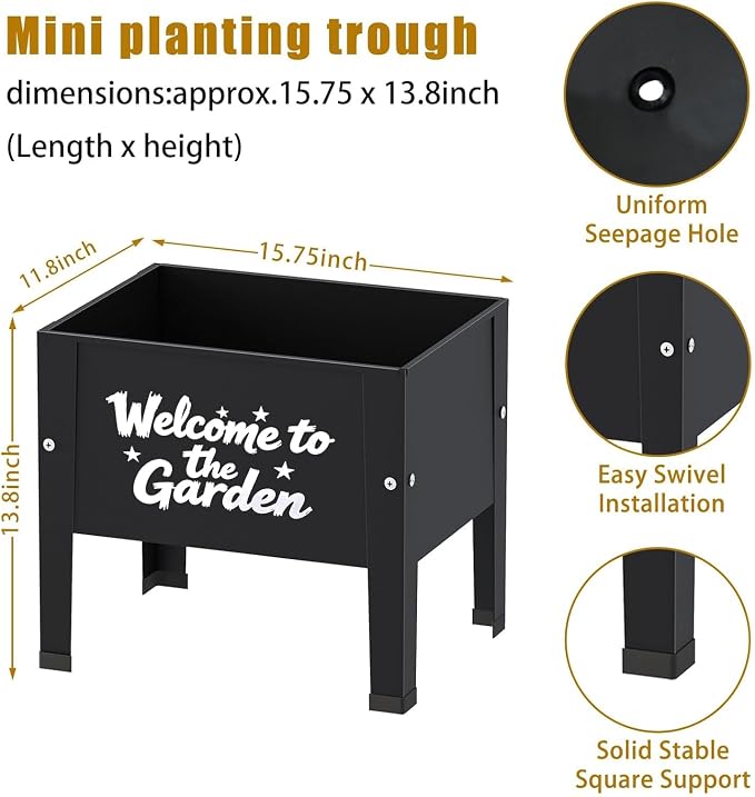 aboxoo 2 Packs 14 Inch Spray-Painted Style Small Planter Raised Garden Bed with Legs,Outdoor Metal Planter Box for Patio,Elevated Garden Bed for Vegetables Flower Herb(Black)