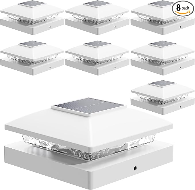 Solar Post Cap Lights Outdoor 8pack, White Waterproof Solar Powered Deck Fence Lights Fit 4x4 Wood/Vinyl Posts, Bright Warm White Solar Fence Cap Decorate Deck, Patio, Porch, Fence