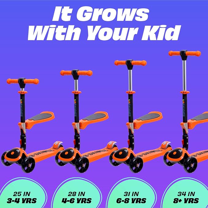 SKIDEE Kick Scooter for Kids Ages 3-5 | Foldable 3 Wheel Scooter with Lean-to-Steer, Adjustable Height, Removable Seat & LED Light Wheels | Toddler Scooter Up to 12 Year Old Boys/Girls