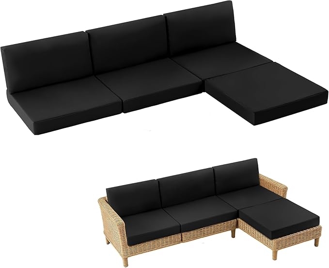7-Piece Patio Furniture Cushions Set, Replacement Outdoor Cushions for 4-Seat Patio Sectional, Waterproof & Fade Resistant Deep Seat Cushion for Outdoor Sofa, Black