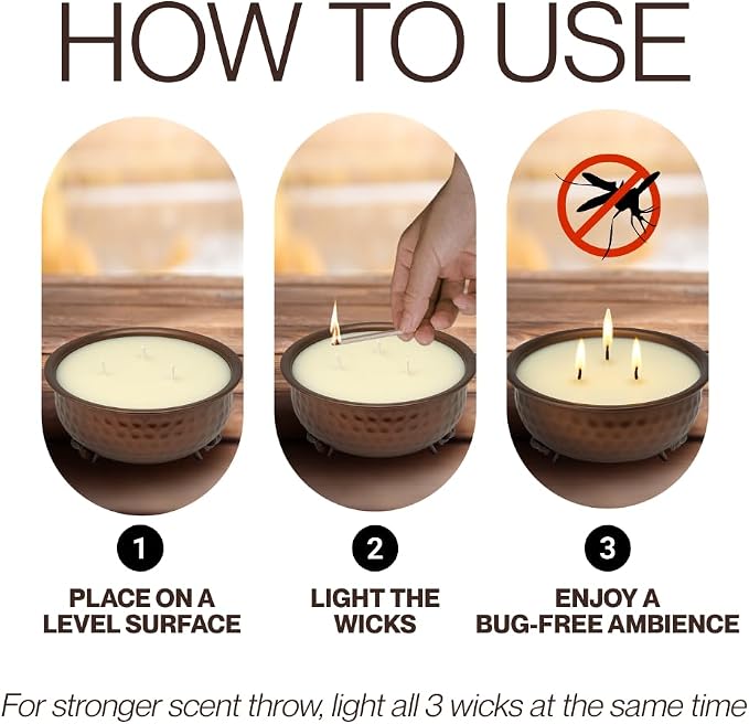 Dough Bowl Candle Co. Citronella Candle - Insect Repellent in Fire Pit Design, 3 Wick Patio Accessories for Glamping, Deck, Patio, Back Yard, Indoor and Outdoor Candles for Summer, 50 Hour Burn Time