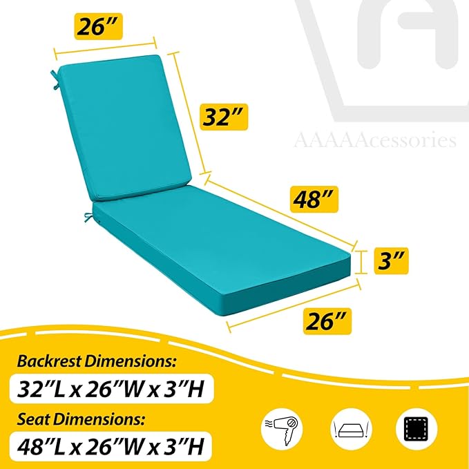 AAAAAcessories Outdoor Chaise Lounge Cushions, Fade-Resistant, Waterproof Patio Furniture Replacement Cushions, 80" x 26" x 3", Set of 2, Turquoise Blue