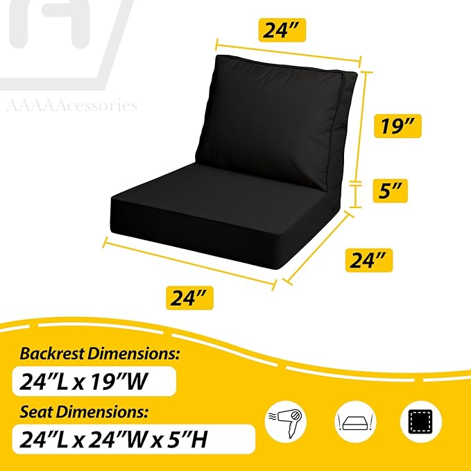 AAAAAcessories Outdoor Deep Seat Cushions with Double Welted Pillow, Waterproof, Fade-Resistant Patio Furniture Replacement Cushions, 24" x 24" x 5" + 24" x 19", Charcoal Black
