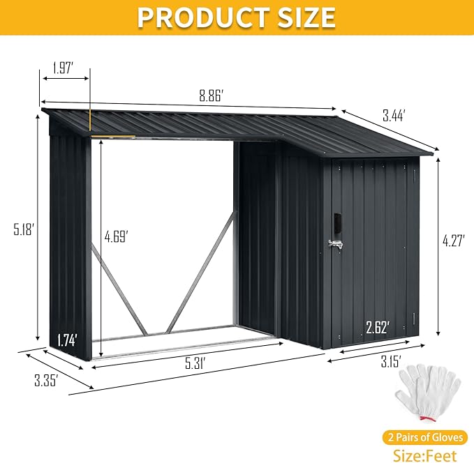 Ball & Cast 106.5" Outdoor Steel Firewood Rack Metal Storage Shed with Door and Reinforced Base,Multi-Functional 2 in 1 Waterproof Cabinet W/Roof,for Equipment Machines,Black