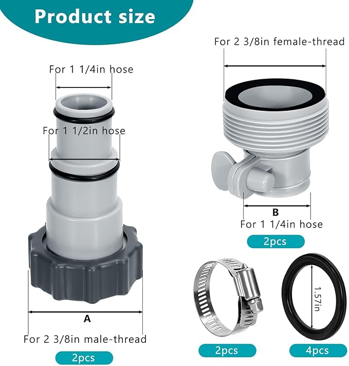 Pool Hose Adapter Type A & B for 1.25 and 1.5 Inch Hoses, Pool Hose Conversion Kit with 2 Clamps and 2 Washers, Compatible with Select Intex Threaded Filter Pumps for Above Ground Pools