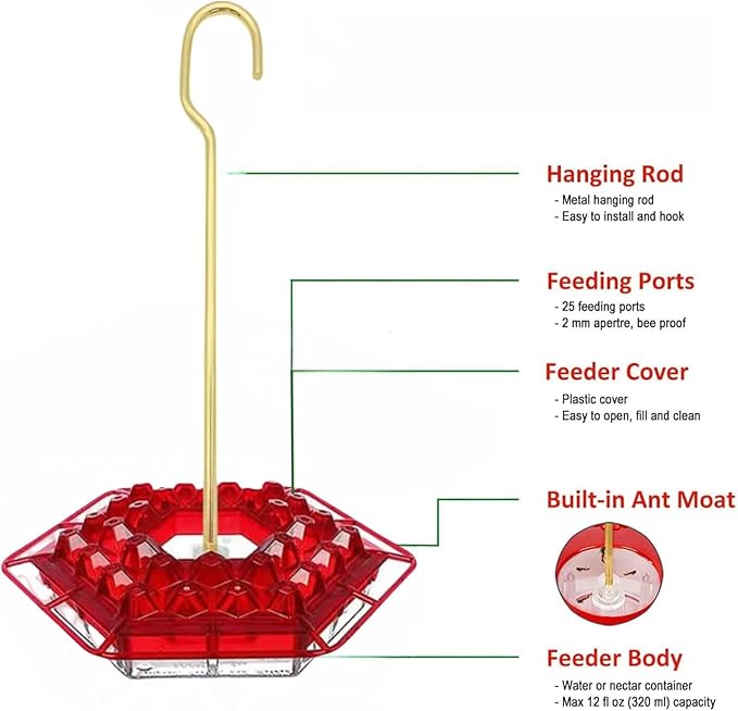 Hummingbird Feeders for Outdoors Hanging, 30 Feeding Ports,Bee-Proof and Leak-Proof - Easy to Clean and Refill, attracts Hummingbirds, Plastic with ant Fence and Hook (Golden)