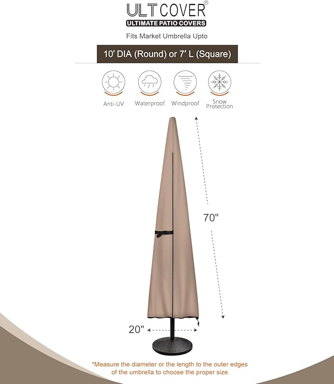ULTCOVER Patio Parasol 600D Waterproof Outdoor Market Umbrella Cover - Fits Market Umbrella 7-10 Feet