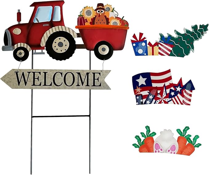 Metal Rustic Interchangeable Truck Yard Stakes with Seasonal Signs Decor for 4th of July Fall Harvest Christmas Winter Holidays Decoration-Set of 4