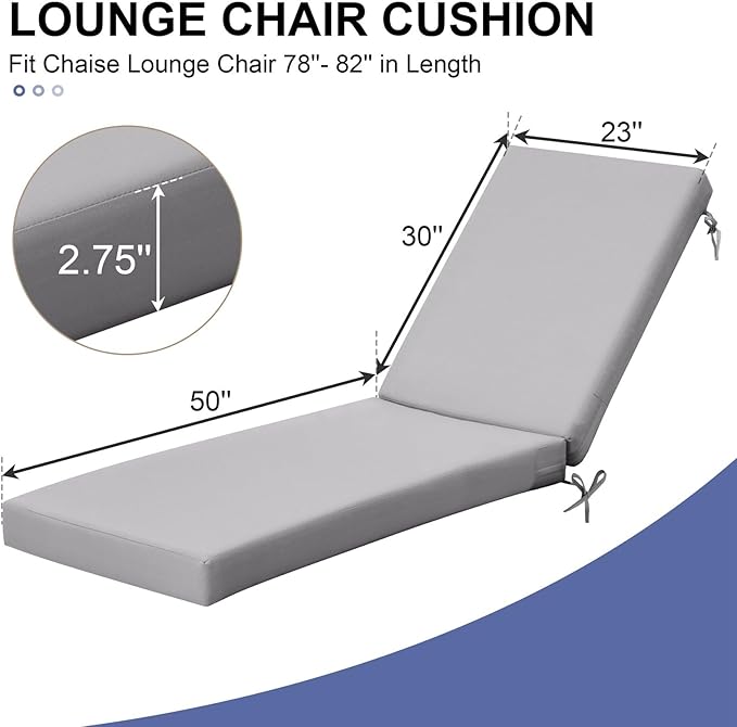 Crestlive Outdoor Chaise Lounge Cushions, 3 Years Fade Resistant Water Resistant Lounge Chair Cushion, 80''L x 23''W, Set of 2, Light Gray
