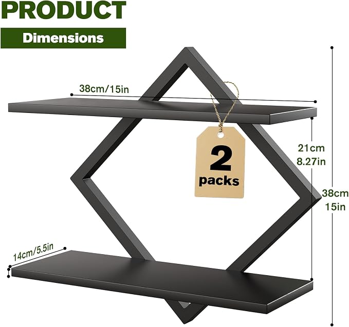 2 Pack Wall Planters for Indoor Plants, Black | 2-Tier Floating Wall Shelves, Wall Mounted Plant Holder Stand, For Bathroom Living Room Bedroom Kitchen Office