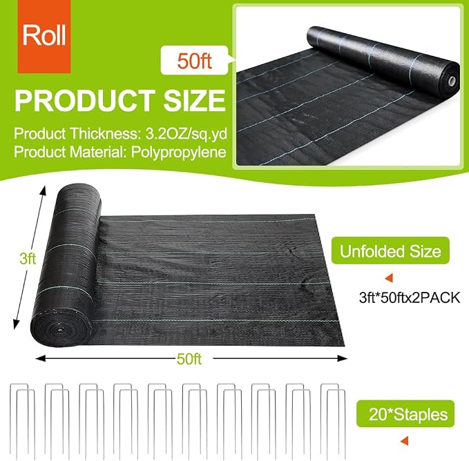 Weed Barrier Fabric 3ft x 50ft (2 Pack), 3.2oz Heavy Duty Landscape Fabric with 20 U-Shaped Stakes, Commercial Grade Weed Control for Garden, Lawn, Flower Bed