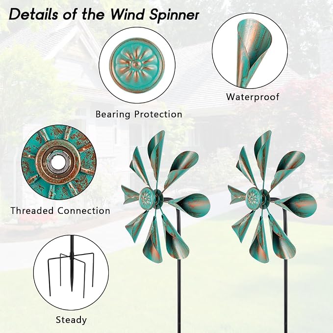 DREAMYSOUL 2 Pack Wind Spinners Outdoor, 10" Dia Metal Pinwheels for Yard and Garden, Kinetic Wind Sculptures & Spinner Outside (Bronze)