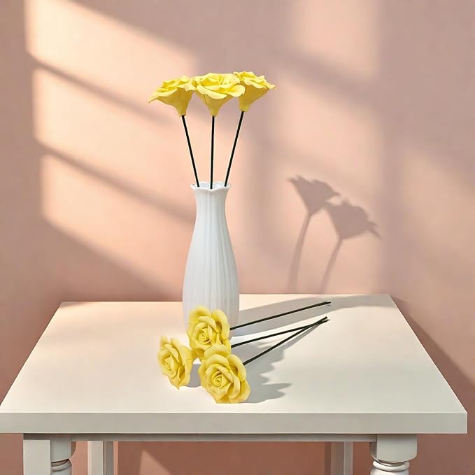 Handmade Porcelain 3D Ceramic Rose Flower, Eternal Flower Decoration for Home Office Decor, Creative Desktop vases, Porcelain Decorations, Exquisite, Set of 6 (Yellow)