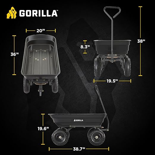 Gorilla Carts Poly Garden Dump Cart, 4 Cu Ft Tub, 600 lb Haul Capacity, Black – Heavy-Duty Utility Wagon with Quick-Release Dumping & Pneumatic Tires for Yard, Landscaping and Gardening