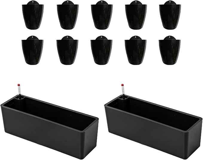 LaLaGreen Bundle- 2-Pack, 16 Inch Rectangular Self Watering Planter + 10-Pack, 5 Inch Black Self Watering Plastic Pot Decorative Eco Living Wall Mount Hanging Garden Windowsill Herb Boxes Indoor Home