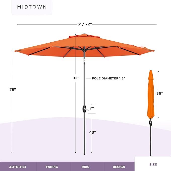 Midtown Umbrellas - 10-Year-No-Fade 6 Ft Patio Umbrella with Terylast Fabric, Auto-Tilt Aluminum Frame and 8 Reinforced Ribs for Deck, Pool, Garden & Beach - Tangerine Canopy, Black Pole