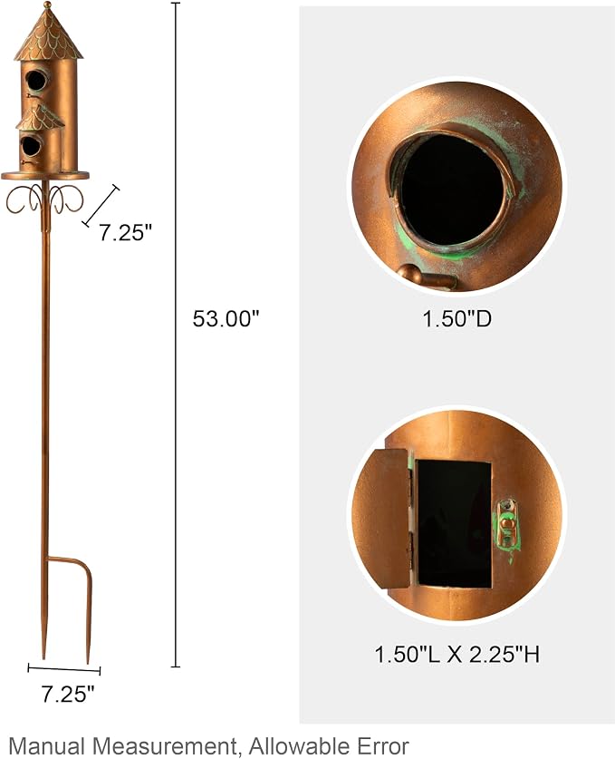 Glitzhome Birdhouses for Outdoors, Bird Houses for Outside, 53" H Farmhouse Faux Copper 2-Tiered Distressed Metal Bird House Decorative Garden Birdhouse with Stake