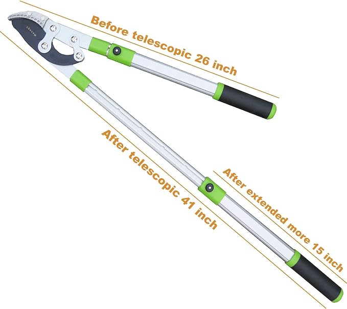Heavy Duty Anvil & Bypass Lopper with Telescopic Handle (26-41 Inch) - 5-Layer Adjustable Garden Pruner, 2-Inch Branch Cutter for Tree Trimming
