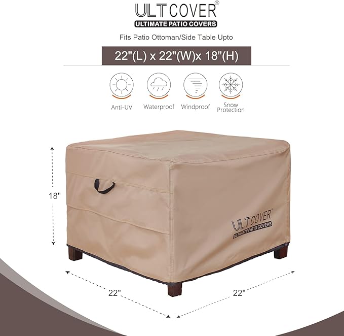 ULTCOVER Waterproof Patio Ottoman Cover Square Outdoor Side Table Furniture Covers Size 22L x 22W x 18H inch