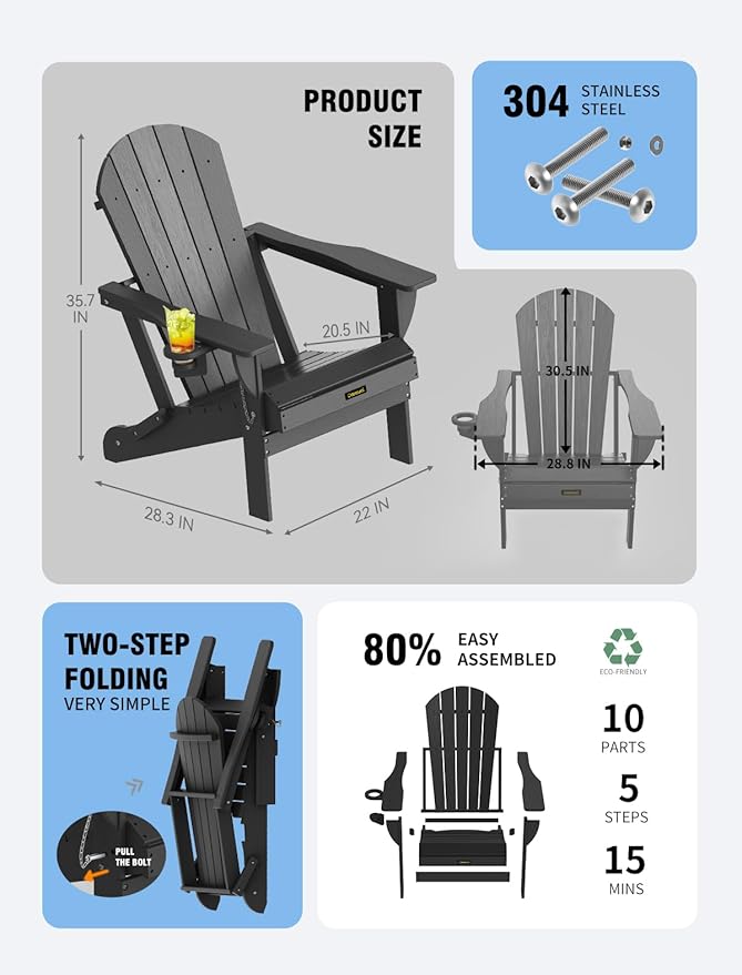 Plastic HDPE Adirondack Chair,Set of 2,Folding Adirondack Chair Weather Resistant with Cup Holder, Wooden Textured Fire Pit Outdoor Chair for Garden, Porch, Lawn, Backyard, Supports 380LBS, Black