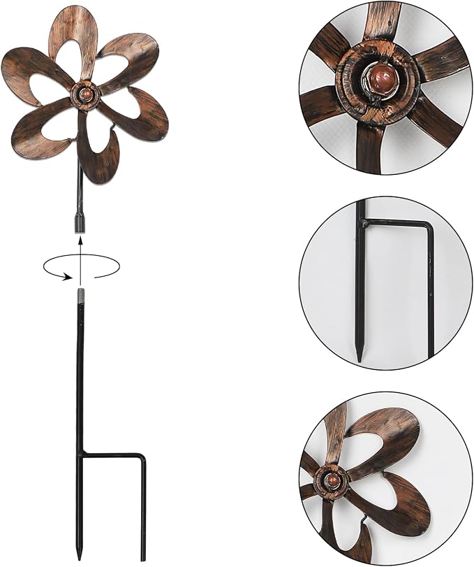 Aoutrow 3 Pack Wind Spinners with Metal Stake, 16.3 Inches Outdoor Wind Catcher Garden Sculptures Bronze Metal Windmill for Spring Garden Yard Lawn Patio Decoration