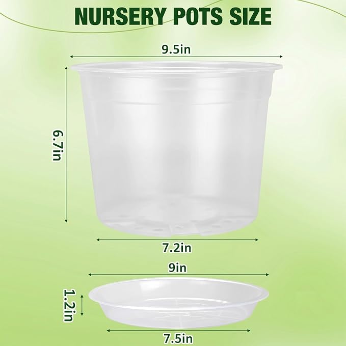 10 Inch Clear Nursery Pots with Drainage Holes and Saucers, 5 Pack Large Clear Pots for Plants Variety Pack, Seedling Pots for Succulents, Herbs, Flowers, Vegetables