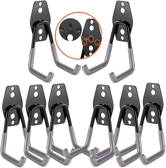 3-H Garage Wall Hooks Heavy Duty 8 Pack, Anti-Slip Steel Wall Mount Storage Hooks for Hanging Ladder Garden Yard Tools, Utility Organizer for Garage Lawn Shed(Gray)