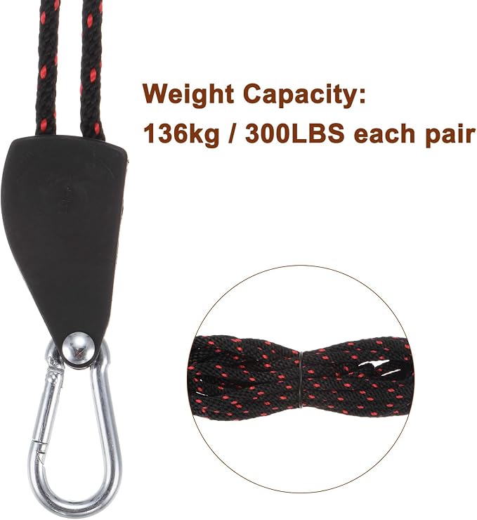 uxcell 2pcs 1/4" (6mm) Adjustable Rope Hanger with Metal Gears 11.8ft (3.6meter) Strap, Ratcheting Pulley System Bungee Cord for Hanging Plants Grow Light and Various Tie-Down Use