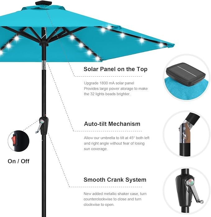 ABCCANOPY Durable Solar Led Patio Umbrellas with 24LED Lights 7.5FT (Turquoise)